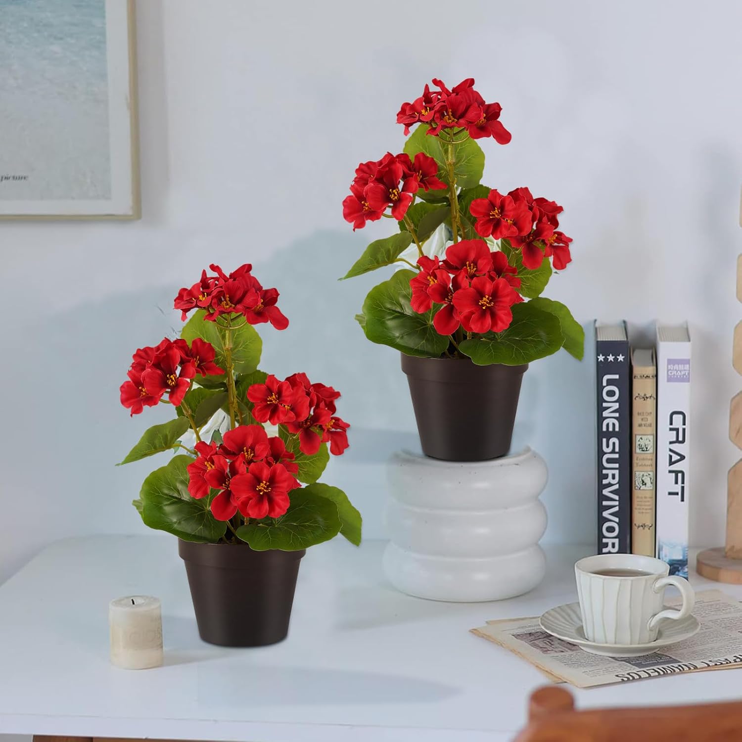 2 Pack Artificial Geranium Flowers Small 13 Inch Faux Flowers Spring Summer Decoration Fake Flowers for Home Office Table Decorations Indoor (Red)