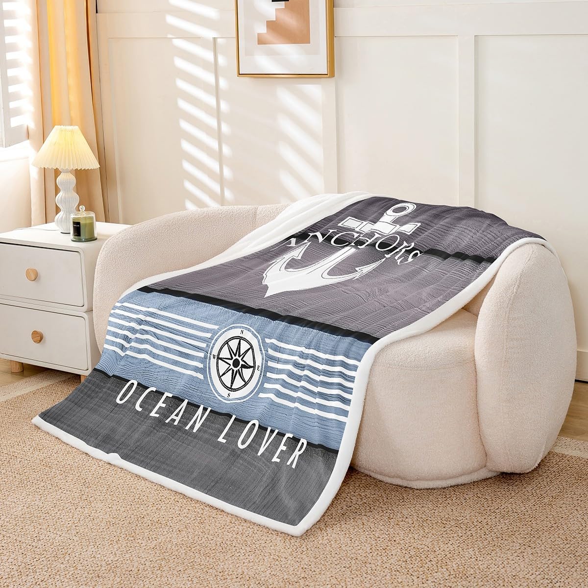 Erosebridal Boat Anchor Blanket Nautical Throw Blanket for Women Boys,Boat Compass Fleece Blanket Vintage Style Blue Brown Wooden Board Anchor Decor 90"x90",Retro Ocean Theme Sketch Room Decor