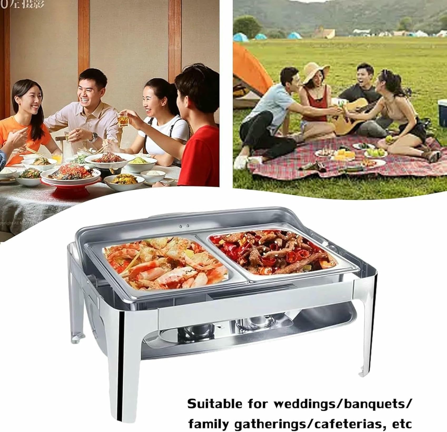 Juego de plato para calentar alimentos, juego de cinco piezas con bandeja para comida y agua, soporte, tapa y quemador, rectangular, con visor para cafetería, con aislamiento térmico y térmico, 9 l
