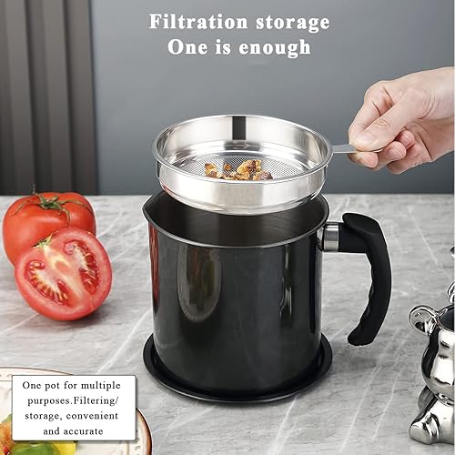 Miniatura 4 de Berglander Contenedor de grasa de tocino negro con colador de 47 oz1.4 L, recipiente de almacenamiento de aceite de acero inoxidable con filtro de