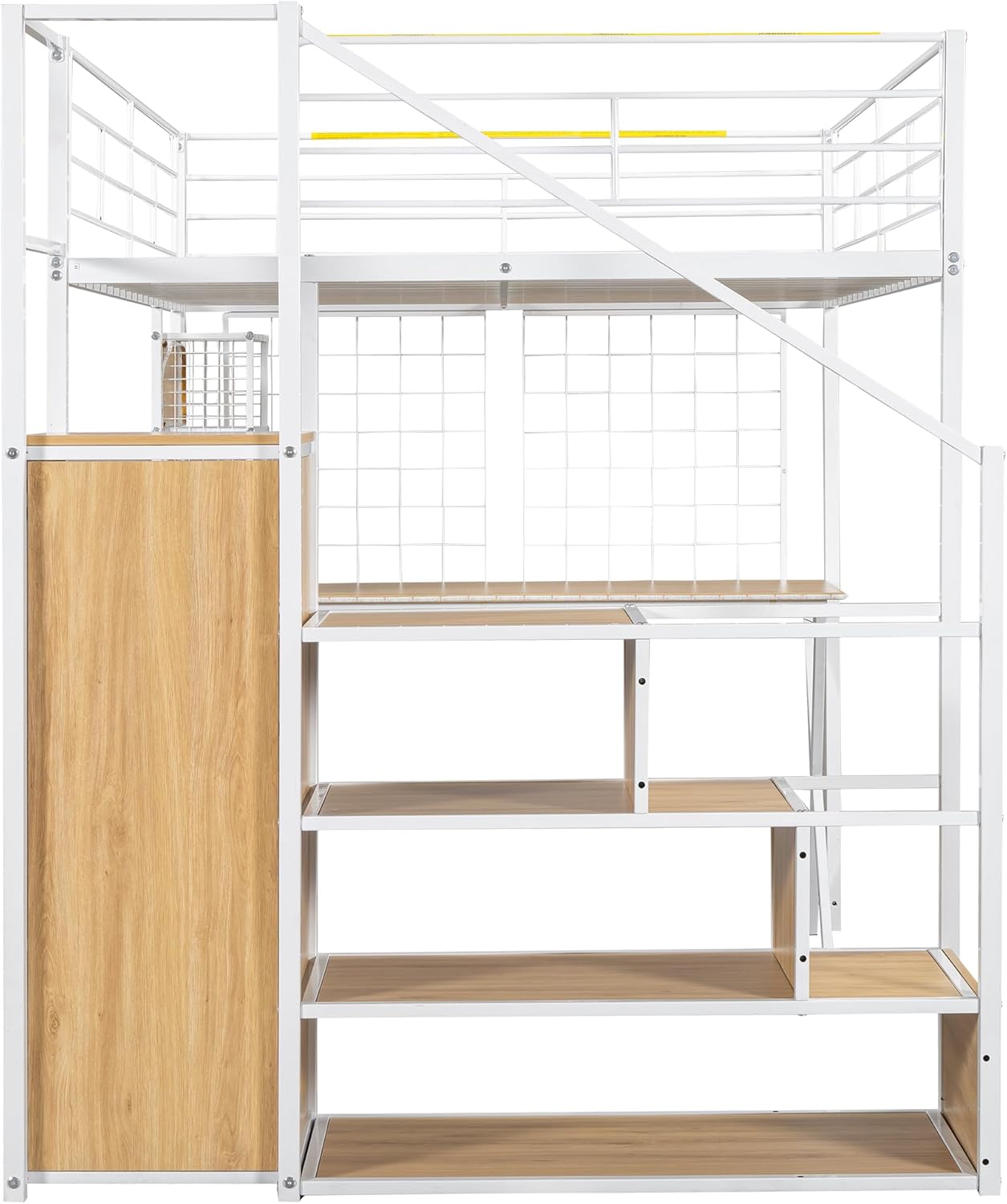 DNYN Stairway Full Size Loft Bed with Desk & Storage Shelves & Wardrobe for Bedroom,Gaming Style Metal Bedframe w/Led Design & Safety Guardrails,No Box Spring Needed, White