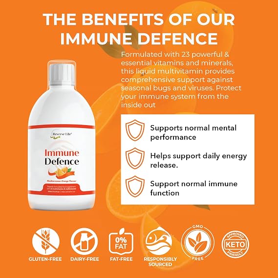 Reverse Life - Immune Defence - Orange Flavour Liquid Multivitamin Drink with 23 Essential Vitamins and Minerals - Maximum Strength Liquid Supplement 500ml