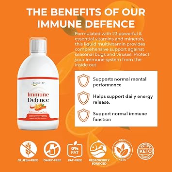 Reverse Life - Immune Defence - Orange Flavour Liquid Multivitamin Drink with 23 Essential Vitamins and Minerals - Maximum Strength Liquid Supplement 500ml