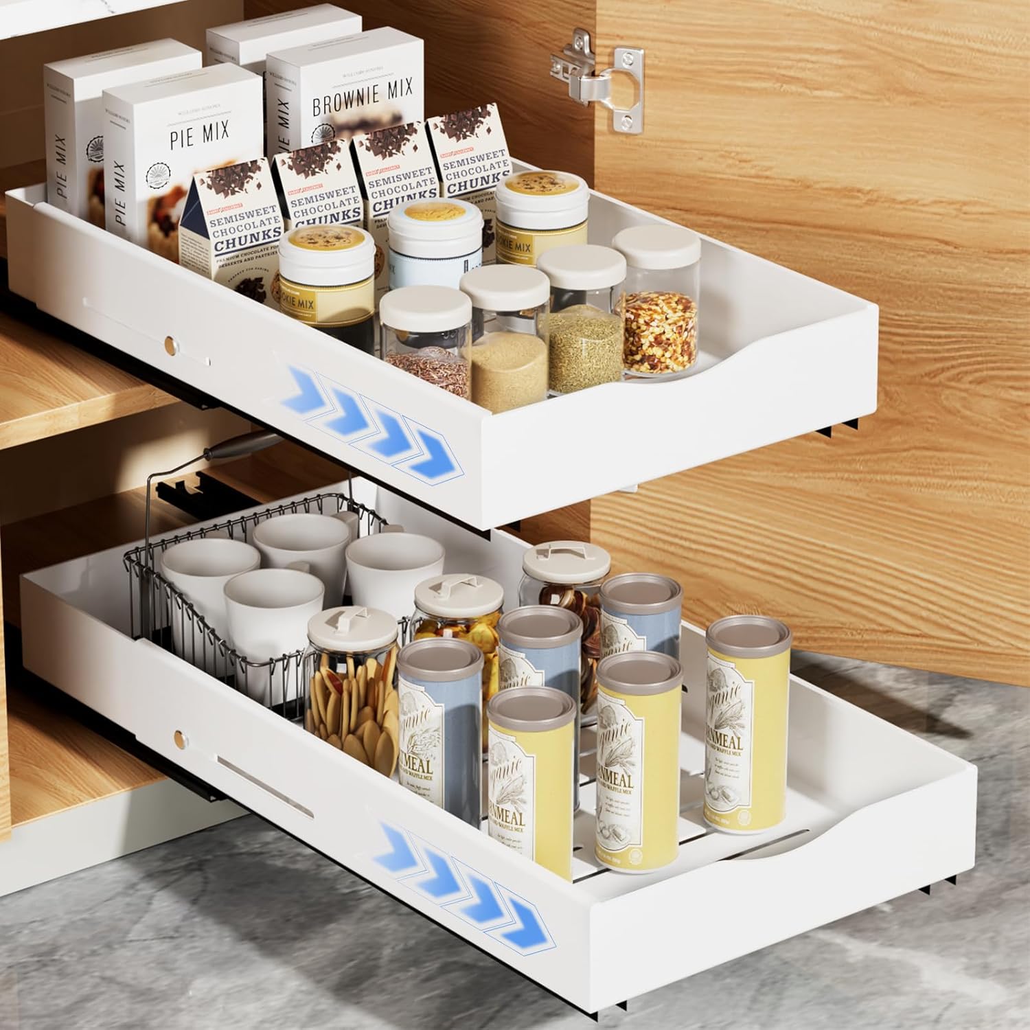 Teamkio Pull Out Cabinet Organizer, 2-Pack Expandable Deep 16"-21" Slide Out Drawers with Adhesive, Roll Out Shelves for Kitchen&Bathroom, No Drill Multi-Purpose Under Sink Storage 9.5"and 10.5" Width