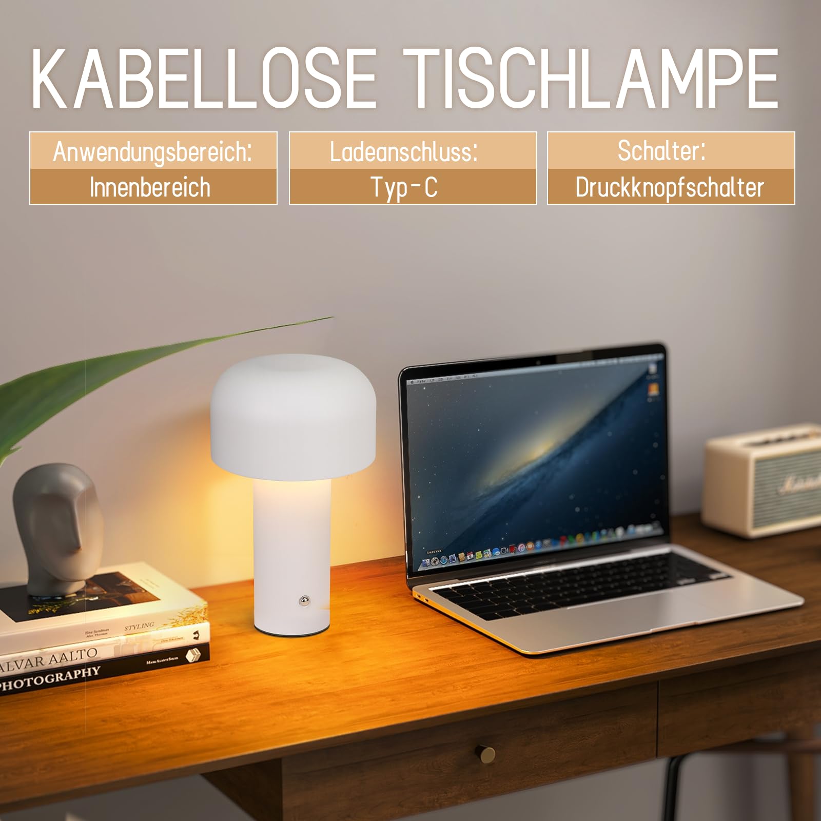 ZMH 2ER Tischlampe Kabellos Akku Tischleuchte - LED Nachttischlampe