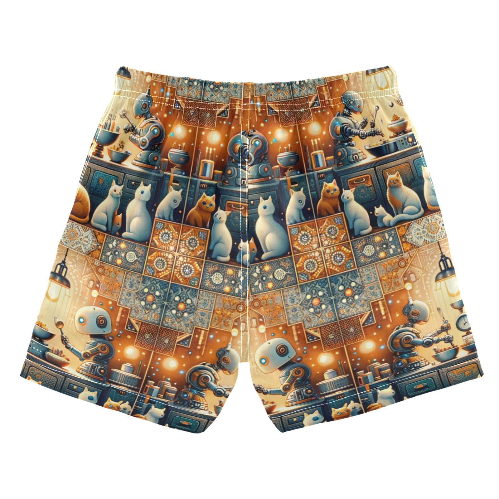 FLildon Ethnic Robots Cooking with Cats Little Boys Swim Trunks with Mesh Lining Quick Dry Beach Board Shorts, 3T