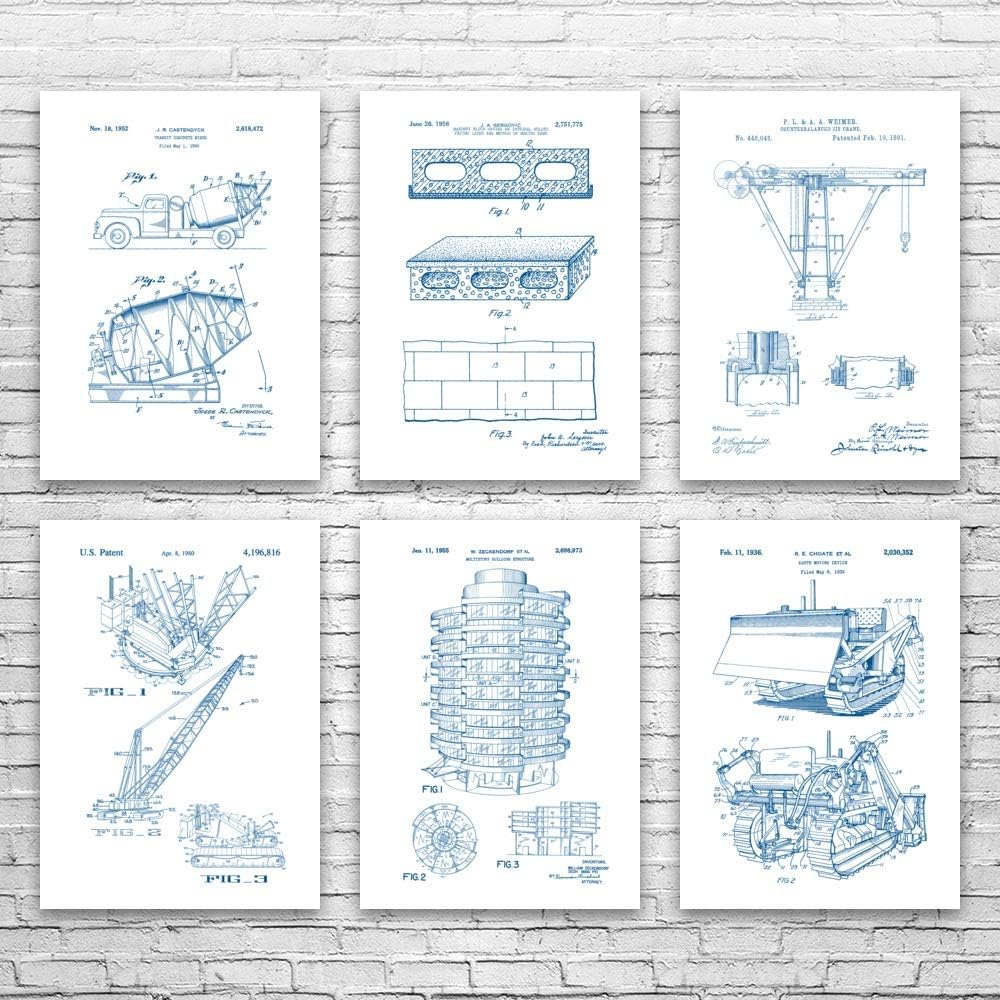 Patent Earth Building Construction Posters Set of 6 (8x10), Construction Worker, Contractor Gift, Truck Blueprint, Workshop Wall Art Black Chalkboard