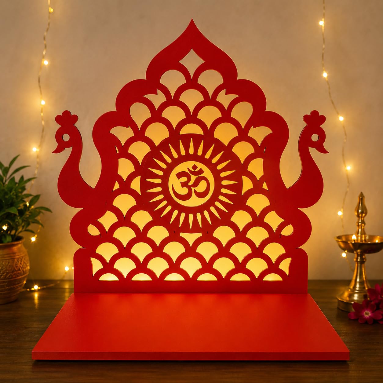 MDF Makhar Ganpati Backdrop, Peacock Design with Om Motif, 3mm MDF, 11x11 Inch, Laser Cut, Reusable Festival Decoration-picture-22