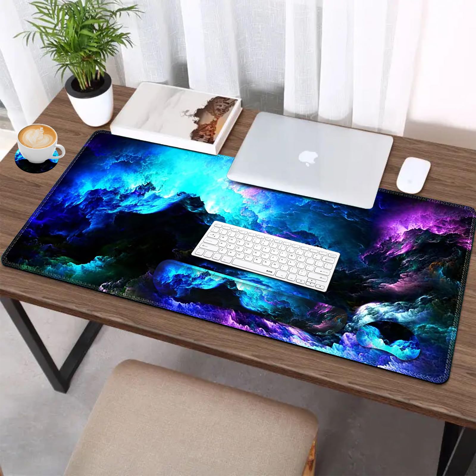 AIMSA Tapis de souris avec repose-poignet pour clavier, tapis de bureau étendu + tapis de souris ergonomique avec repose-poignet, support de poignet pour clavier + sous-verre, grand tapis de souris