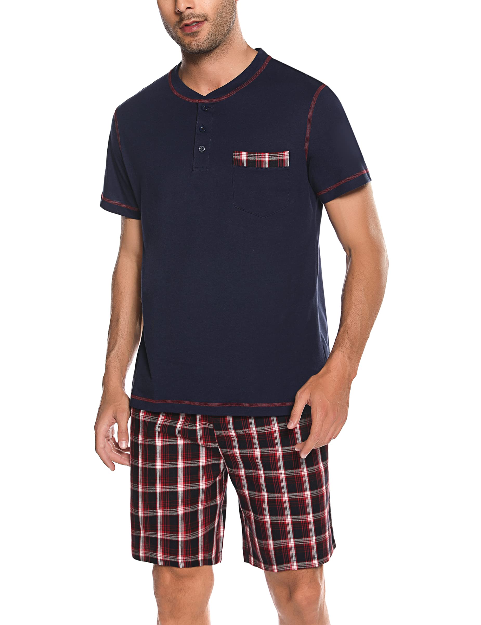 Litherday Schlafanzug Herren Kurz Pyjama Zweiteiliger Kurzarm Nachtwäsche aus 100% Baumwolle Shorty Pyjamas Set Sommer Sleepwear S-3XL