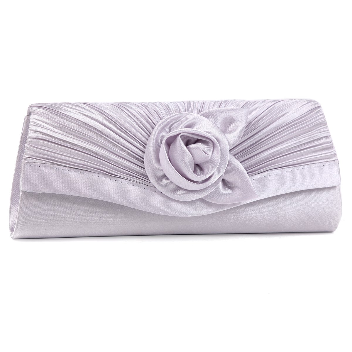 DamaraWomen's Satin Pleated Flower Front Evening Bag Clutch Handbag,Silver