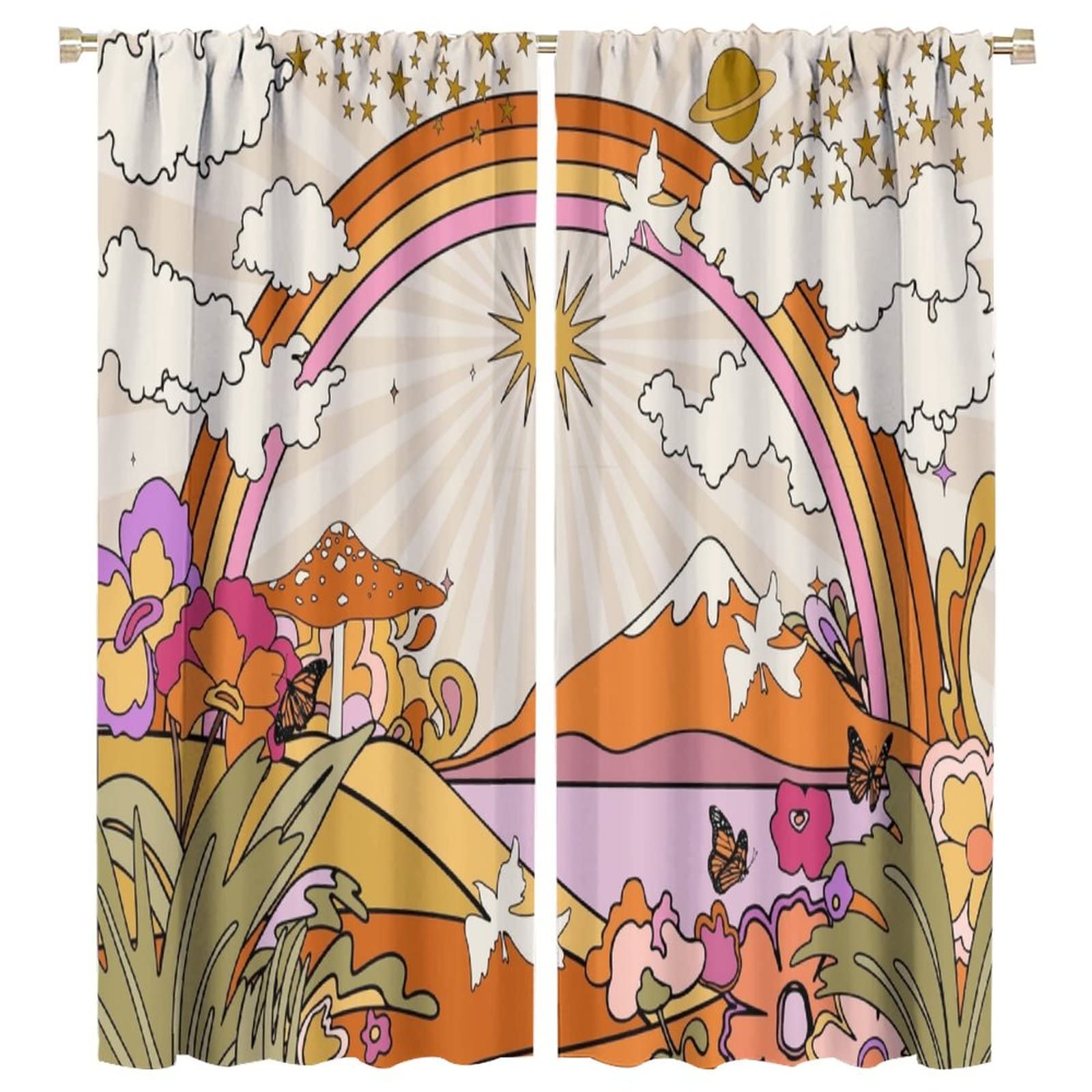 Mid Century Abstract Curtains, Boho Aesthetic Vintage Sun Rainbow 70s Hippie Tropical Plant Butterfly Mushroom Blackout Rod Pocket Window Treatments