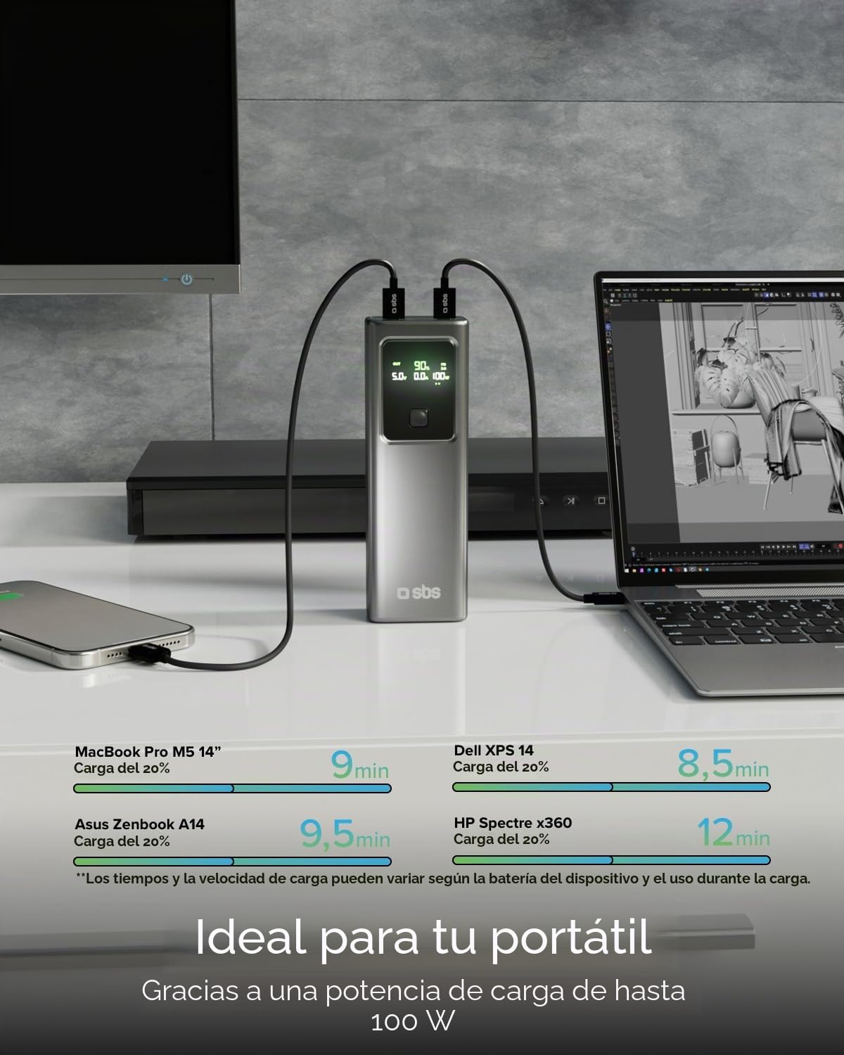 SBS PowerBank LCD 100 W, 20000 mAh, Power Delivery (PD 3.0 PPS), AFC | Power Bank con carga rápida, pantalla LCD avanzada, USB-C, USB-A, cargador portátil de viaje, compacto, gris
