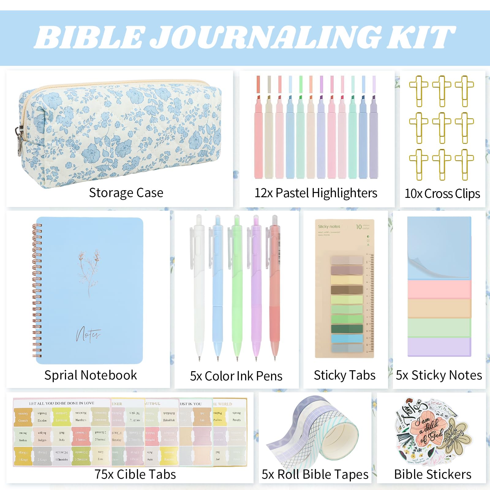 Kit de diario de suministros de estudio bíblico con bolígrafo, pestañas, cuaderno y resaltador sin sangrado, kit de anotación de libros estéticos, regalos cristianos para mujeres y amigas