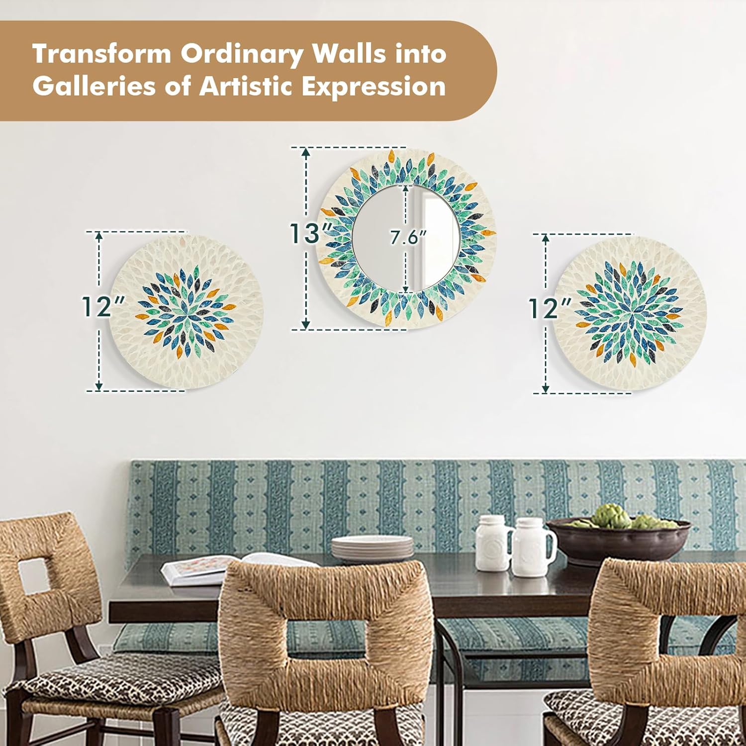 Jewel-Tone Mother of Pearl Mirror Wall Decor for Living Room, 3PCS Handmade Round Wall Art for Home Guest Room Decoration, Unique Mosaic Art Gift for Birthday Wedding Housewarming (Colored) - Image 3