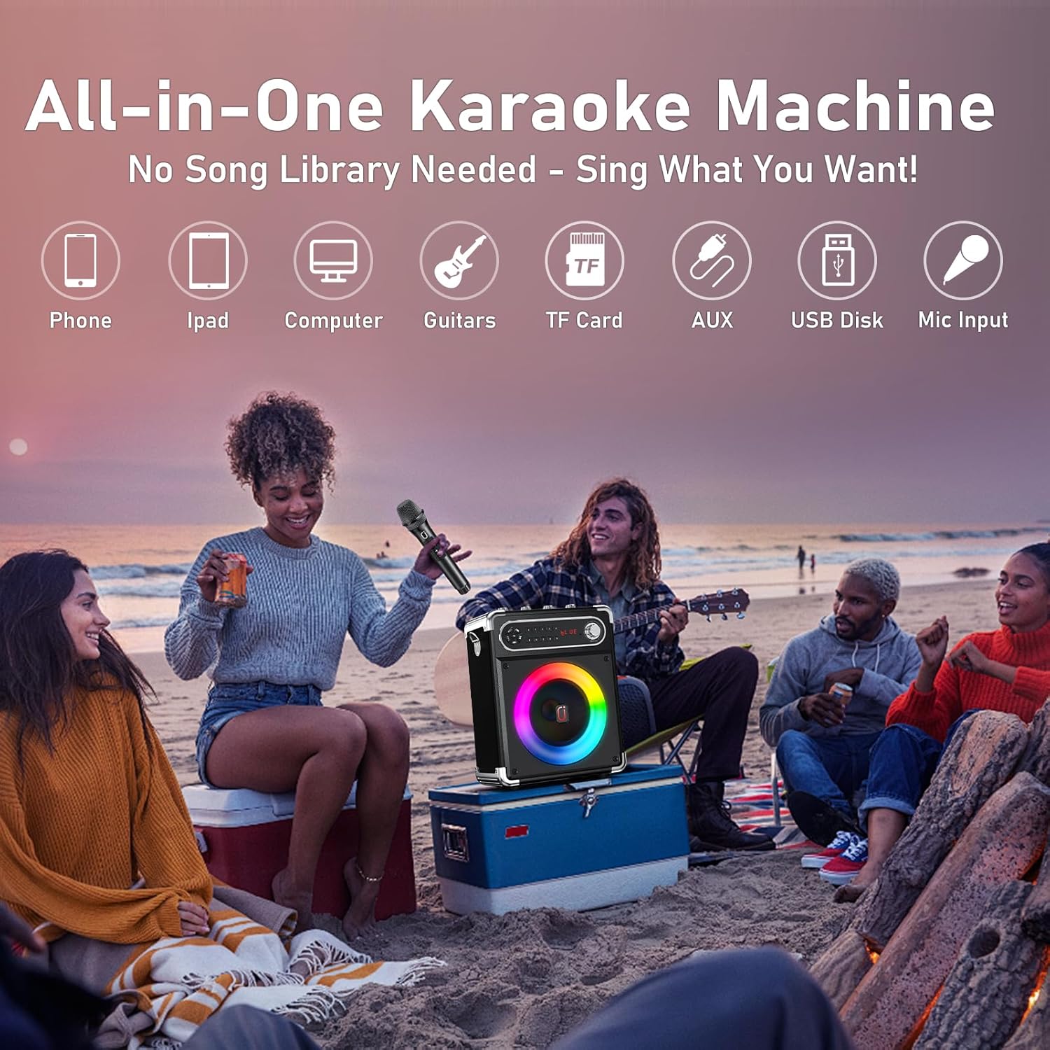 Karaoke Machine with 2 Wireless Microphones,【Upgraded 6.5"Woofer & 2"Tweeter】Portable Bluetooth 5.3 Karaoke Speaker, PA System with Bass/Treble/Echo Adjustment, Supports USB/AUX/TF/TWS for Home Party - Image 5