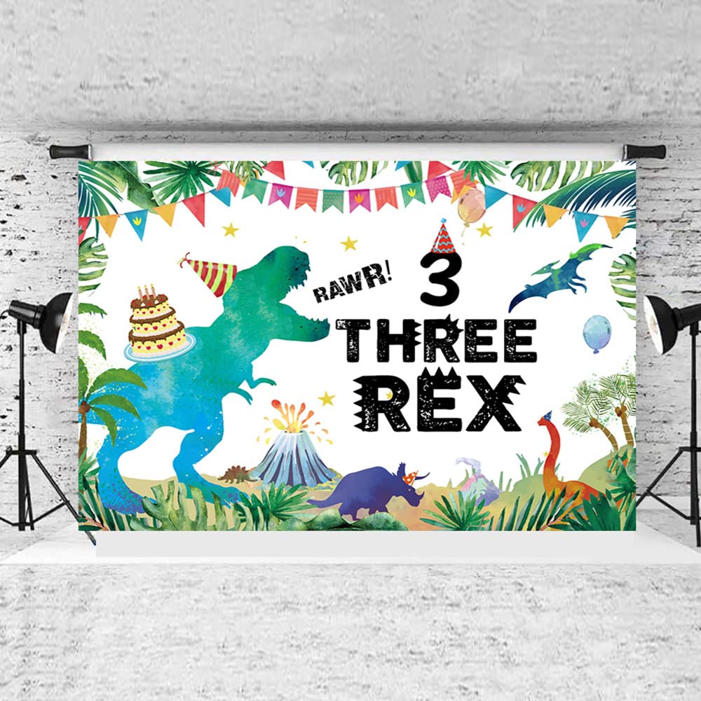 IIILUYOT Dinosaur Birthday Backdrop - Three Rex T-Rex Dinosaur Party Supplies - Extra Large Wall Banner for Kids - 6x4ft