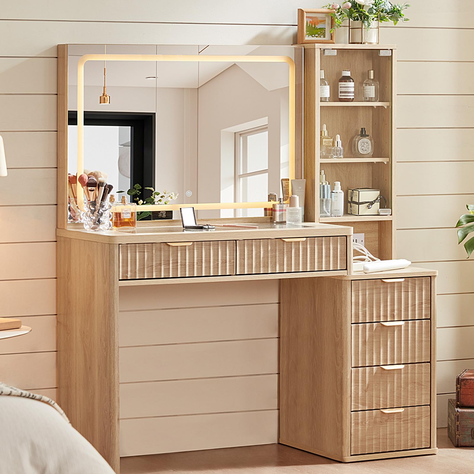 LEYAOYAO Vanity Desk with Mirror and Lights, 43.5'' Fluted Makeup Vanity with 6 Drawers and Adjustable Shelves, Natural Wood Make Up Vanity Dressing Table with Glass Top and Power Outlet for Bedroom