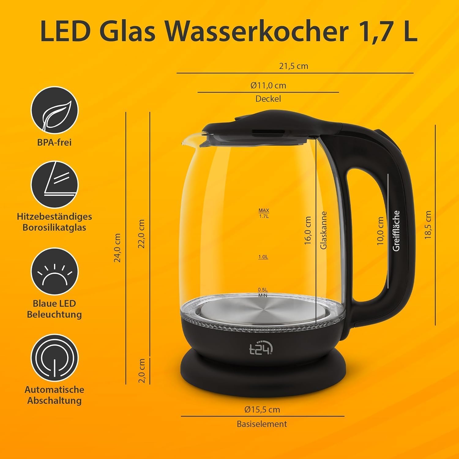 T24 Glass Kettle, 1.7 L, 2200 W, LED Lighting, 100% BPA Free, Thickened Borosilicate Glass, Dry Run Protection, 360° Stainless Steel Base TÜV Rheinland GS Certified Black