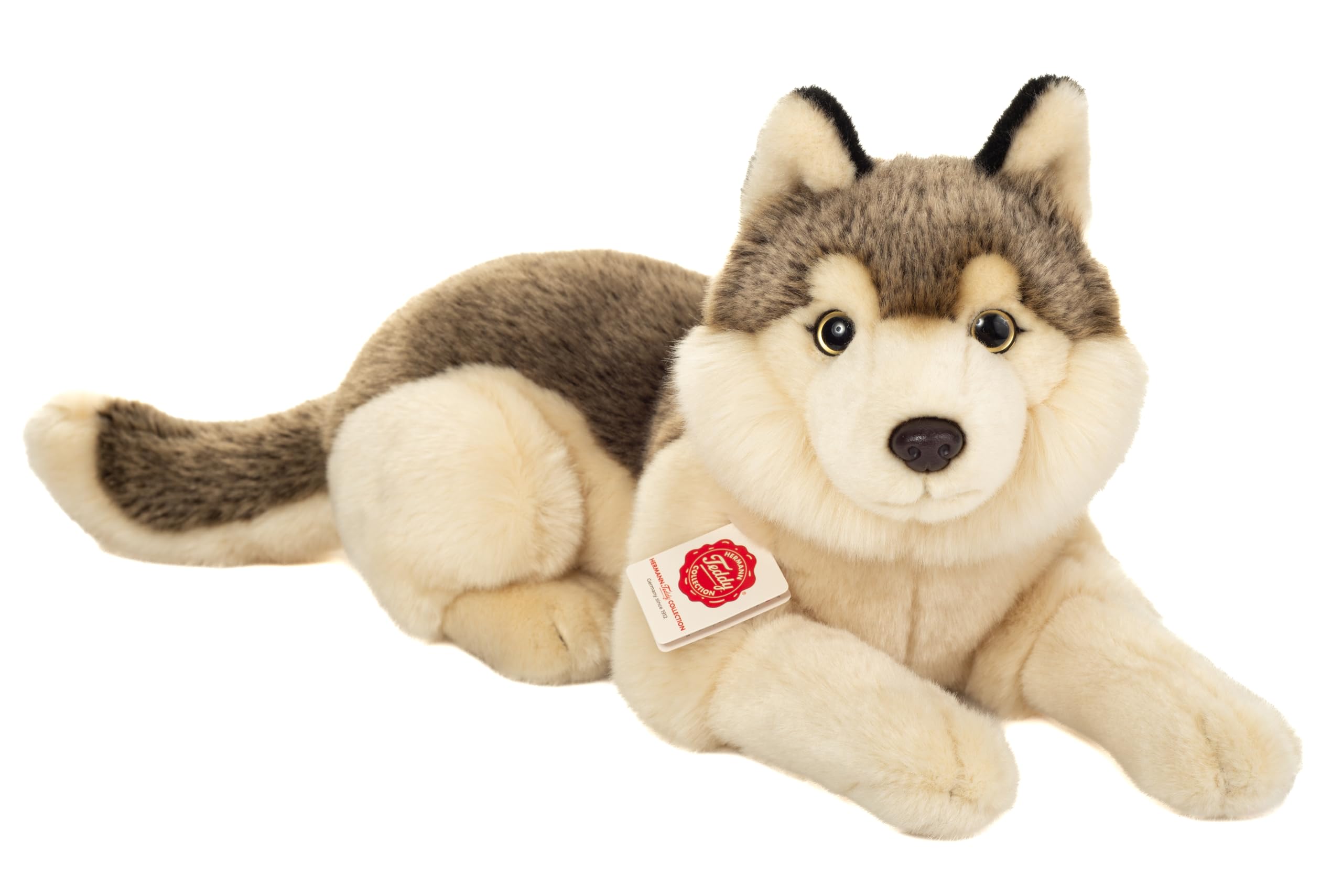 Teddy Hermann 90855 Lobo Tumbado 40 cm, Peluche | Peluche prémium especialmente suave, acabado cuidado, desde 18 meses, lavable, relleno de poliéster reciclado