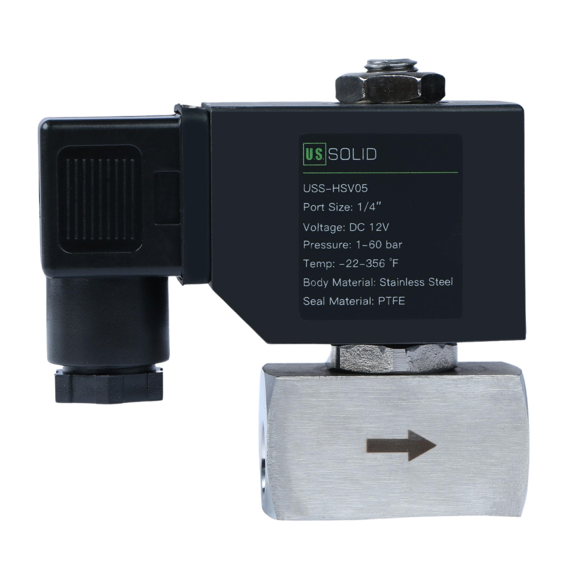 U.S. Solid Válvula Solenoide de Alta Presión - 1/4" 60 Bar Acero Inoxidable 12V DC, Alta Temperatura, Electroválvula Solenoide, -30-180 ℃
