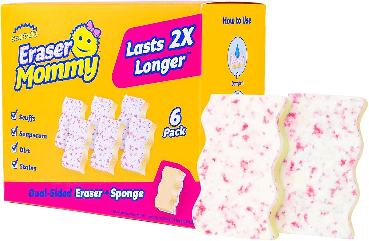 Eraser Mommy Esponjas 45x - Esponja de limpieza activada por agua con gemas de fregado FlexTexture - Herramienta 3 en 1 para borrar, fregar y limpiar para paredes, puertas, zócalos, superficies duras (6 unidades)