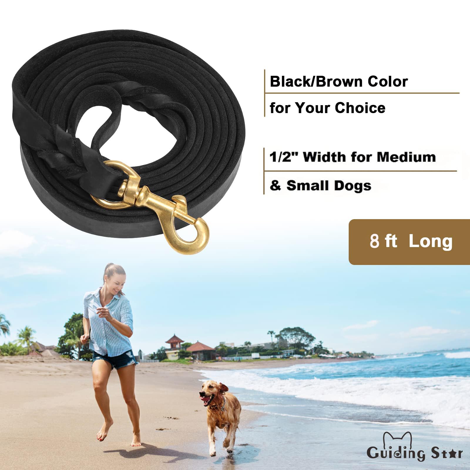 Guiding Star Leather Dog Leash 8ft, Heavy Duty Braided Leather Dog Training Walking Running Leash - Image 2