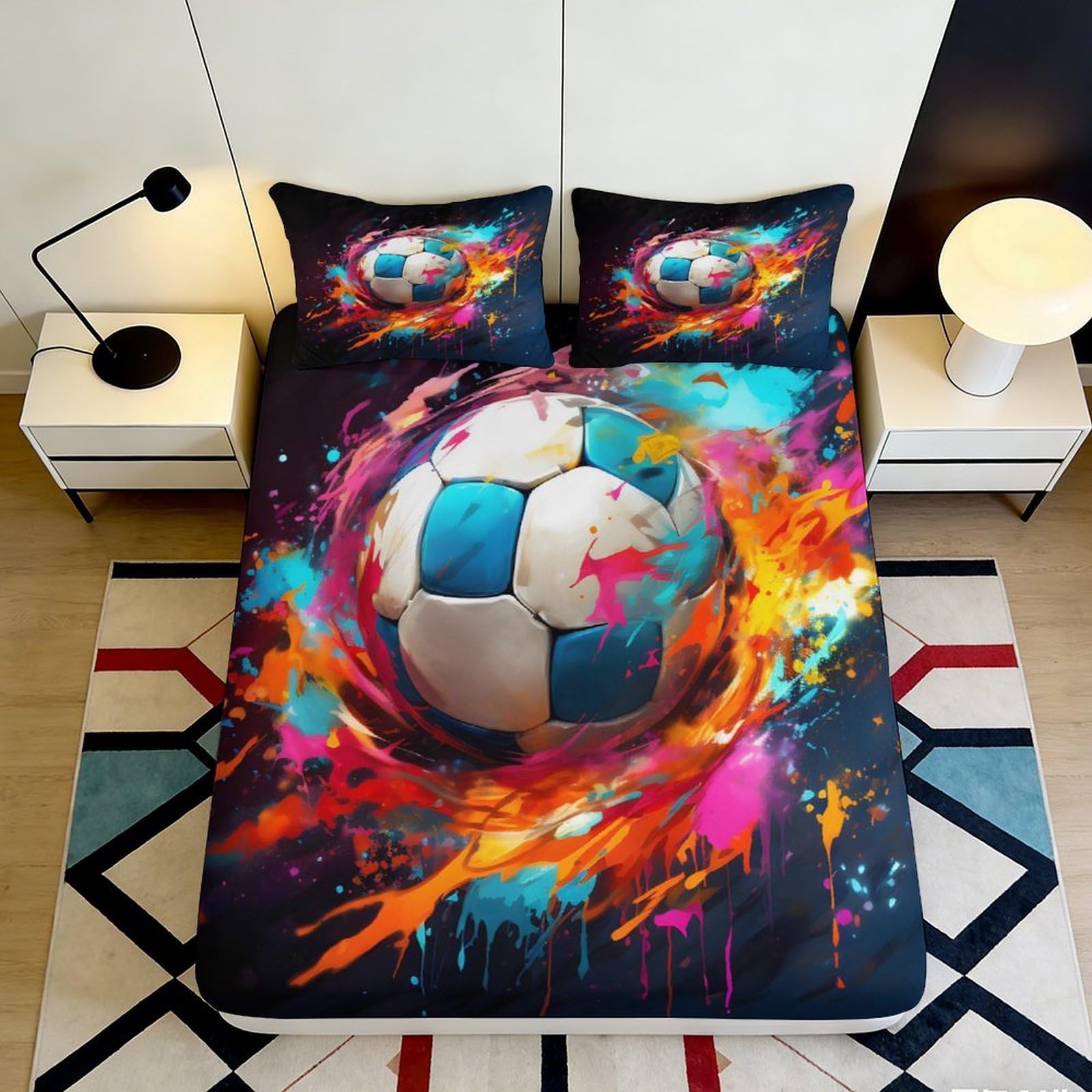 3D Printed Vibrant Soccer Ball Fitted Sheet Microfiber Soft Breathable Colorful Splash Bed Cover for Bedroom Dormitory Guest Room Mattress Protection 90x200x25cm