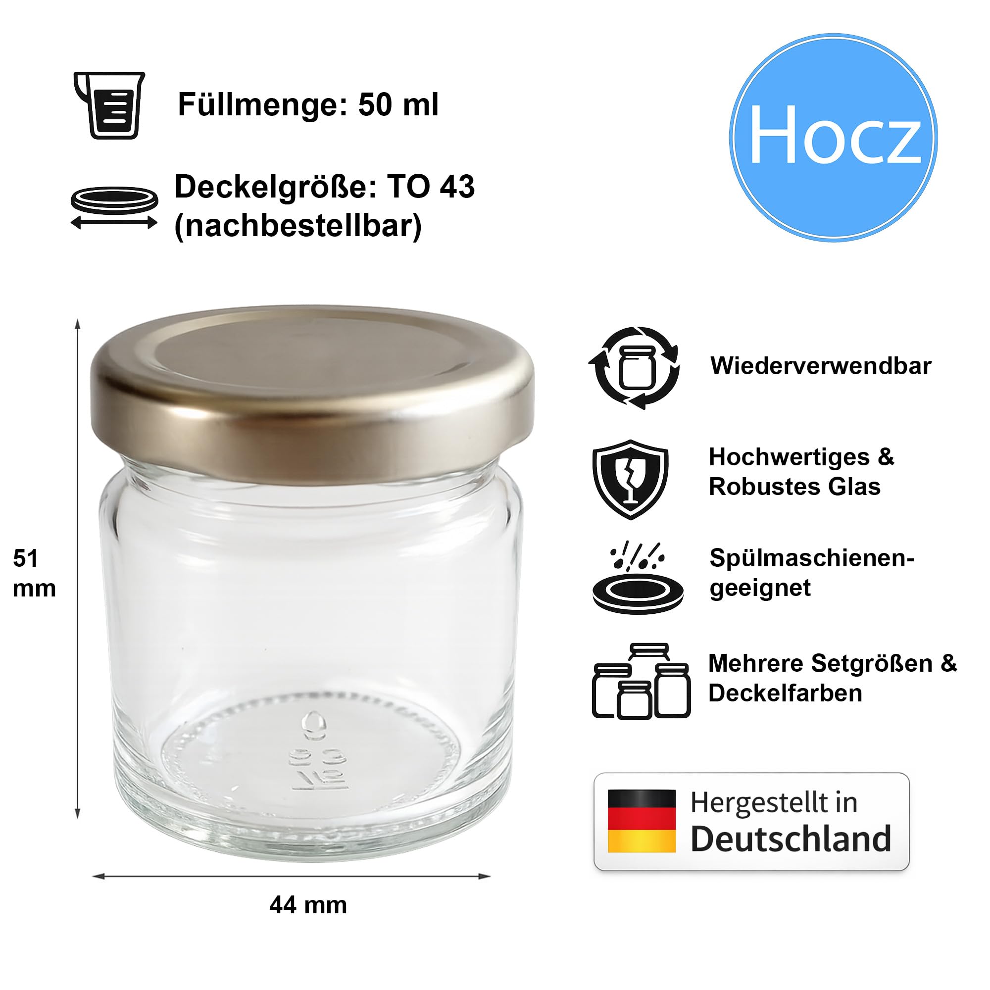hocz 50x Mini Marmeladengläser 50 ml | mit Deckel Silber TO 43 | kleine Einmachgläser mit Schraubdeckel zum befüllen | Schraubgläser, Sturzgläser Set | leere Gläser für Marmelade