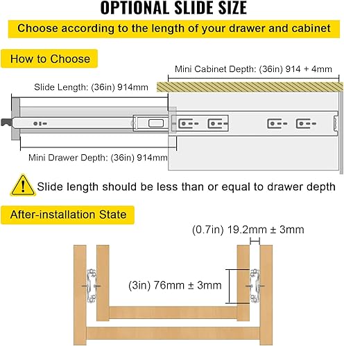 Miniatura 5 de VEVOR Diapositivas de cajón de 36 pulgadas, 1 par de cajones de bloqueo con capacidad de carga de 250 libras, rodamiento de bolas de montaje