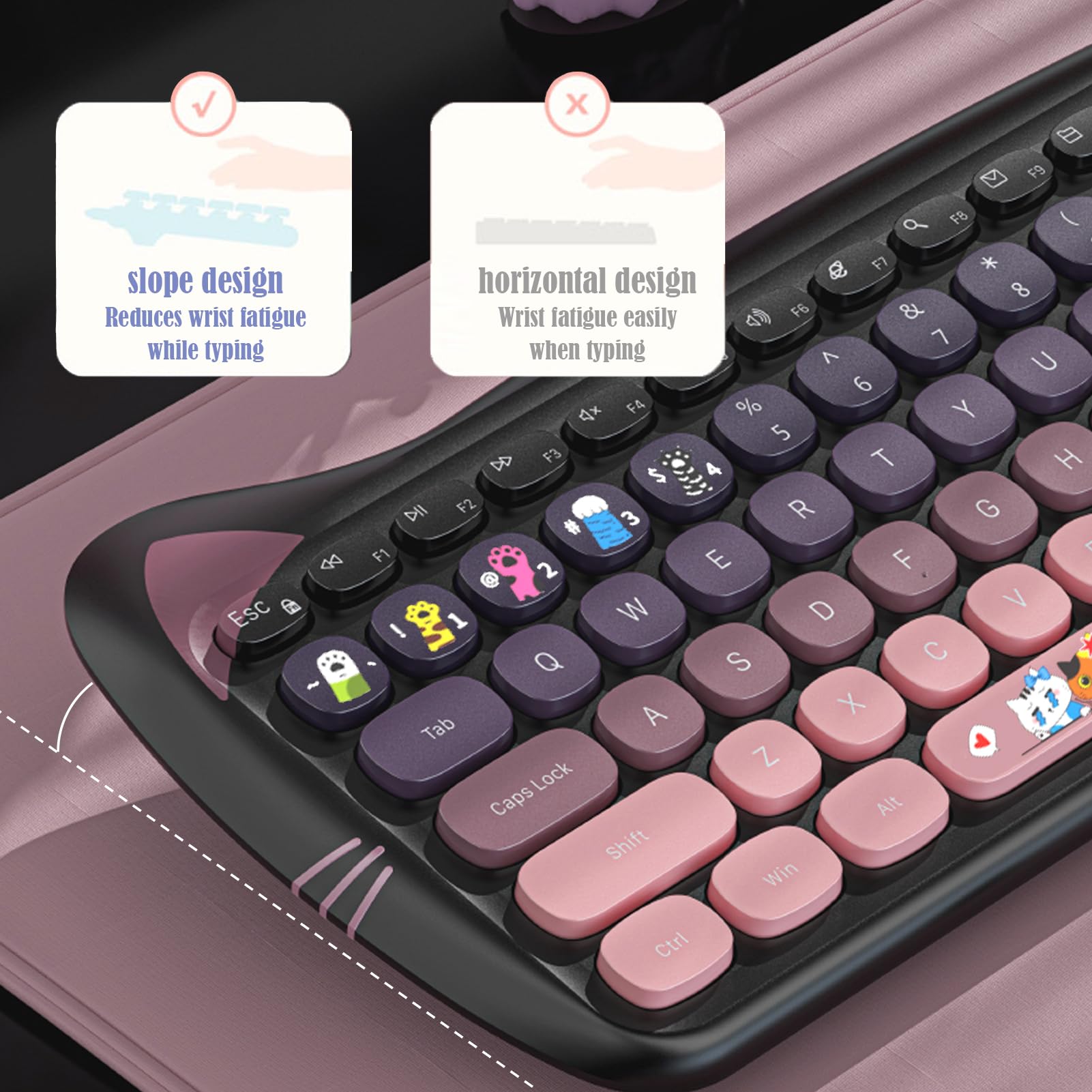 Cute Cat Ensemble clavier et souris USB sans fil 2,4 G, touches silencieuses, couleurs bonbon, compatible avec ordinateur portable, PC (noir-rose-110 touches)
