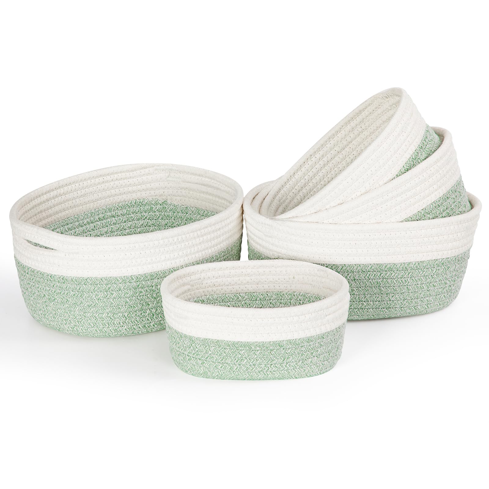 Juego de 5 Cestas Almacenaje de Cuerda de Algodón, Cestas Organizadoras Baño, Cesta Juguetes Bebe, Cesto Toallas Baño, Cajas Almacenaje Decorativas, Blanco & Verde