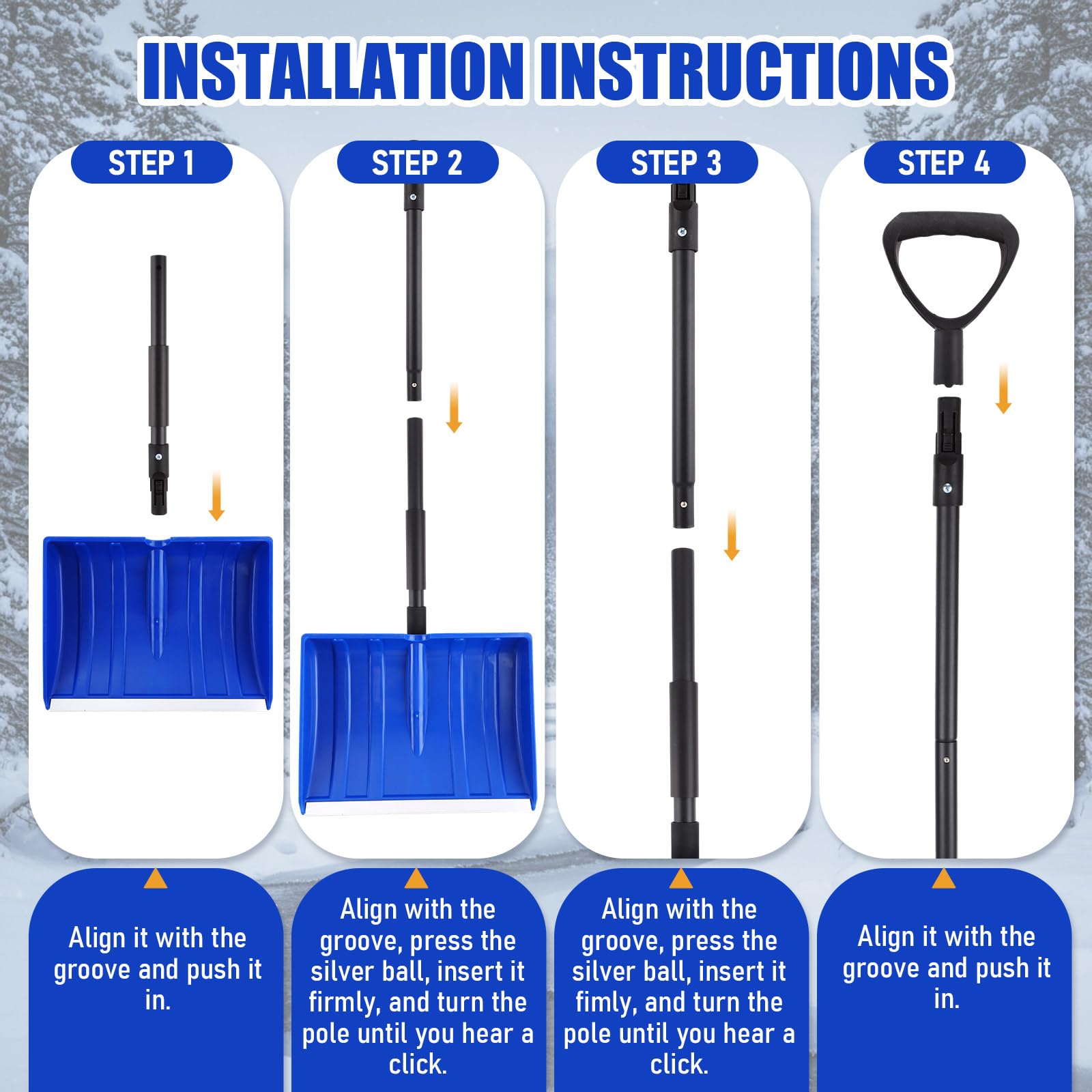 Lasnten 4 pala da neve per vialetto, lunga 122 cm, portatile, grande capacità, con impugnatura a D, in metallo resistente, pieghevole, strumenti invernali per auto, vialetto, casa, garage