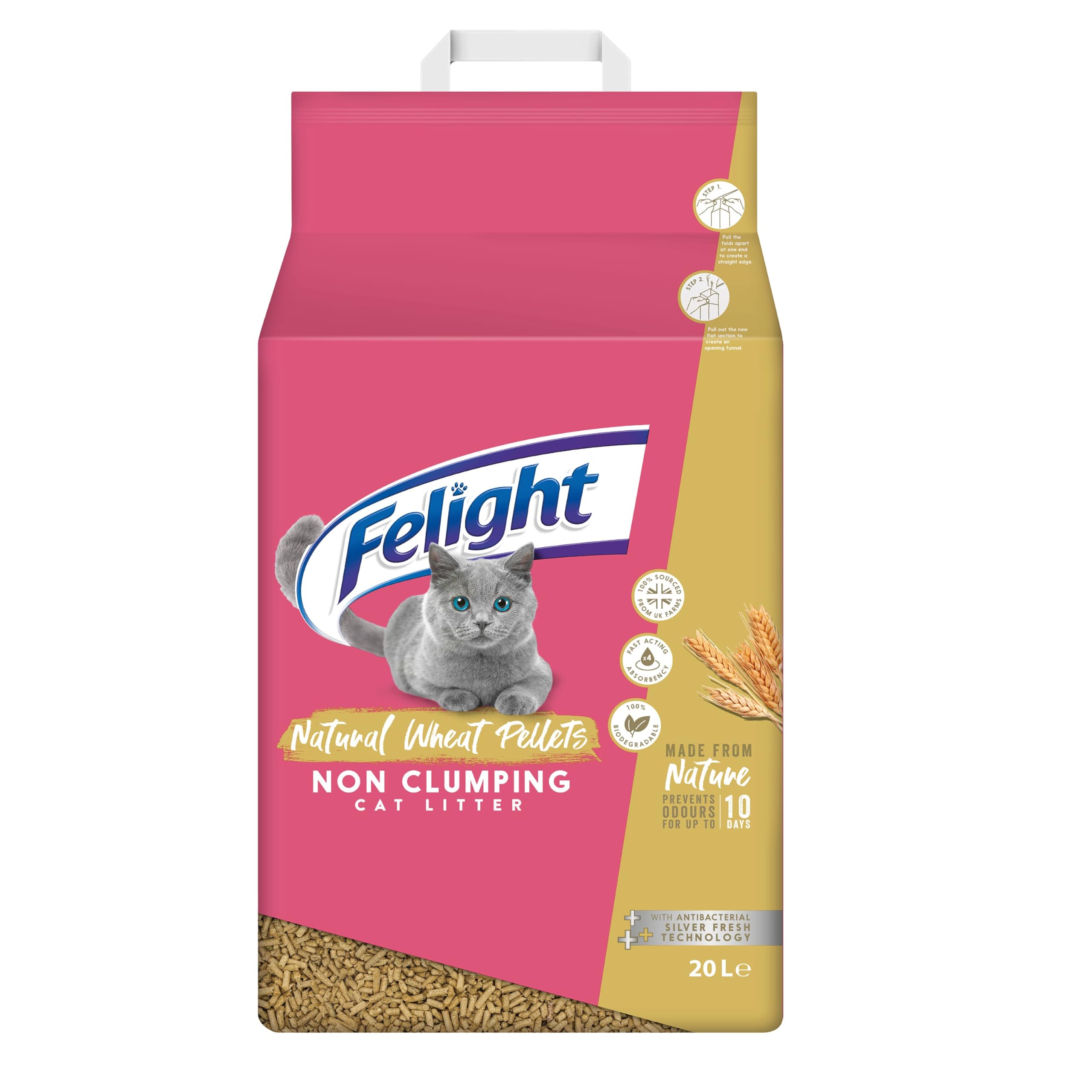 Felight Natural Wheat Pellets Cat Litter (20L Bag) - Non-Clumping, 100% Biodegradable, Antibacterial Silverfresh Technology, Prevents Odours for up to 10 Days, Made in the UK
