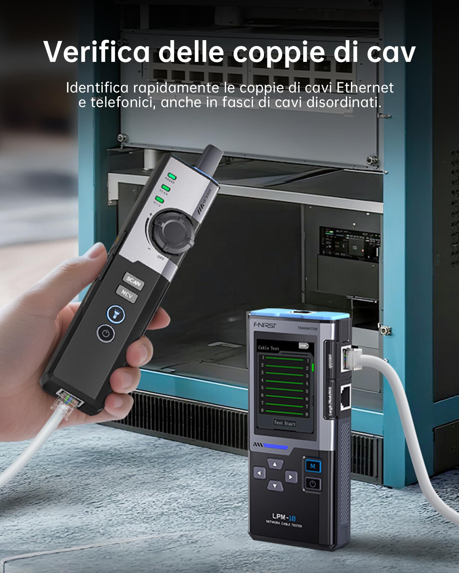 FNIRSI LPM-10A Testeur Câble RJ45, Tester Cavo Ethernet CAT5 CAT6 RJ11, Tracciatore Cavi e Toner di Rete, Test PoE/NCV/Lunghezza, Tester Rete Ricaricabile