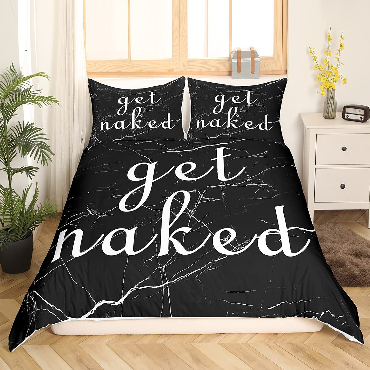 Loussiesd Get Naked Duvet Cover Black and White Marble Texture Comforter Cover Funny Quotes Bedding Set For Couple Lover Men Women Modern Fashion Bedding & Linen Ultra Soft Double Bedclothes - Image 3