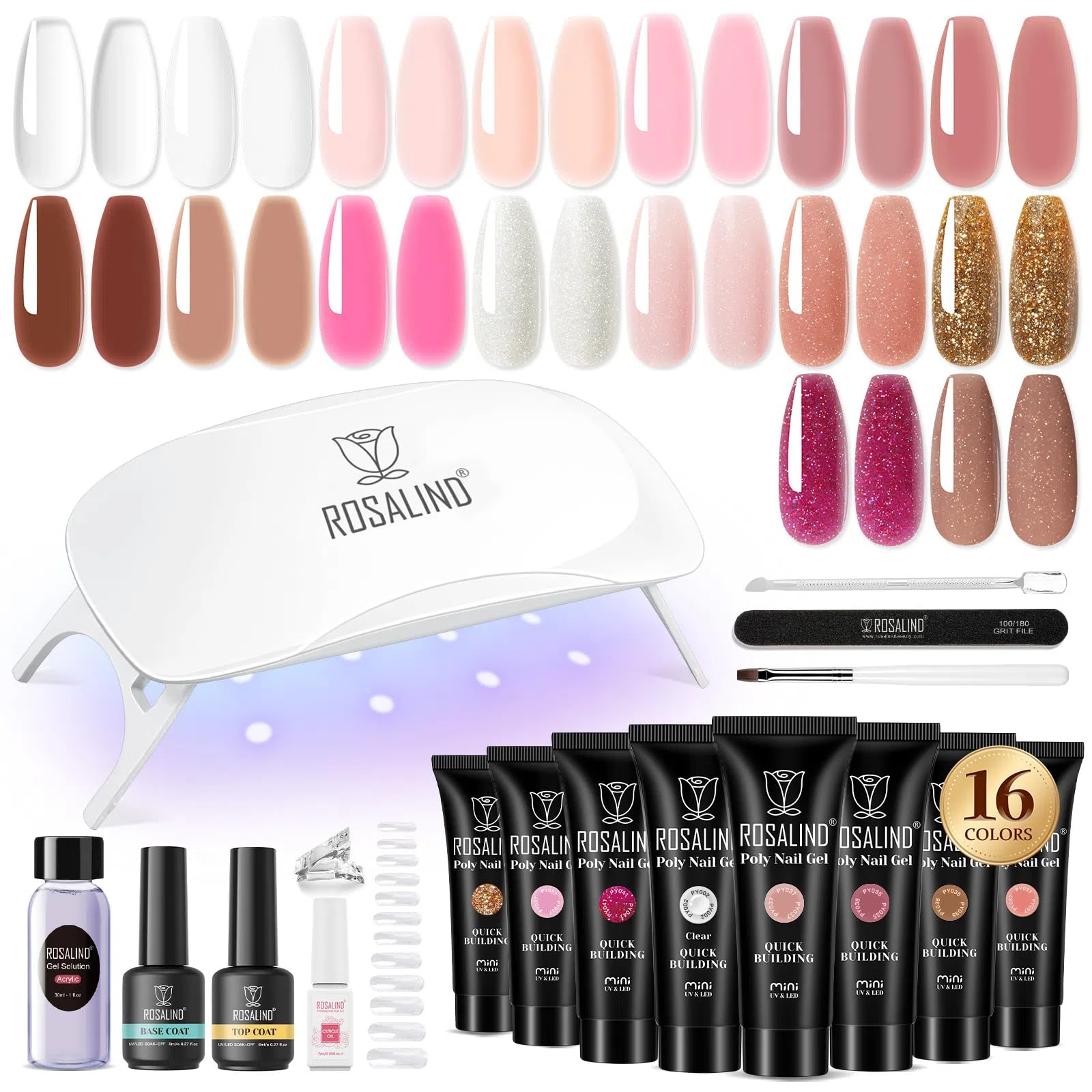 ROSALIND Acrygel Kit Complet, Gel pour Extension d’Ongle 16 Couleurs 10 ml Avec Lampe UV, Base & Top Coat et Outils de Manucure, Gel Construction Ongle UV Set de démarrage pour DIY Nail Art