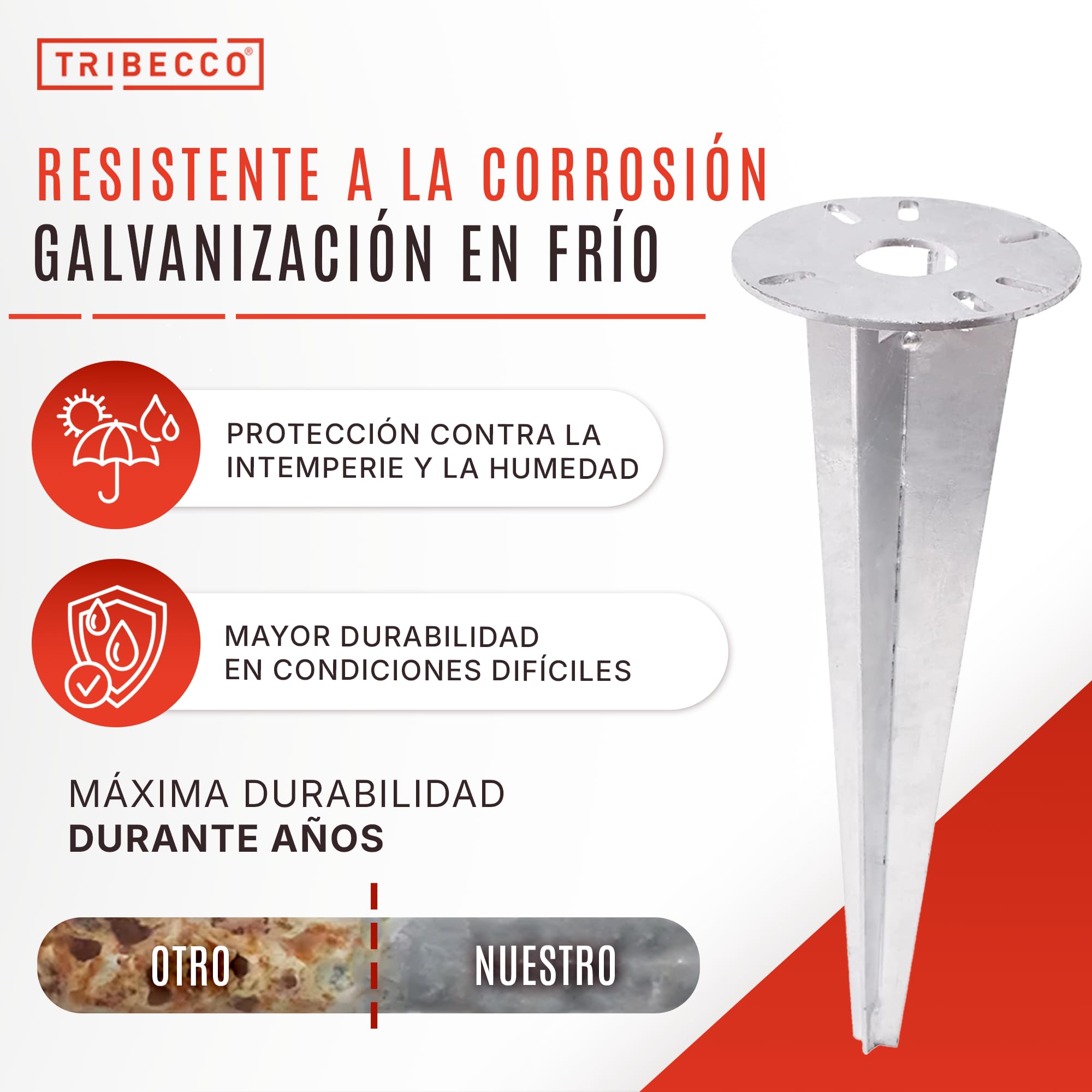TRIBECCO Estaca de impacto para lámpara de jardín – Ø 116 x 300 mm – con apertura Ø 30 mm para gestión de cables – Acero plano galvanizado – Anclaje de suelo para iluminación de jardín