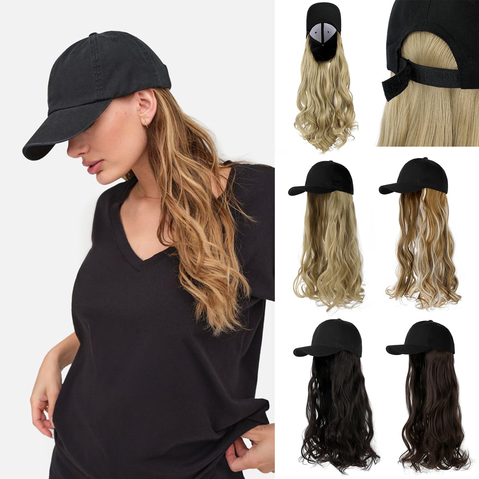 Cephermer Baseball Hat Wig,Hat with Hair attached 24'' Adjustable Black Cap with Long Wavy Synthetic Hair Extensions for Women Girls(Light Auburn)