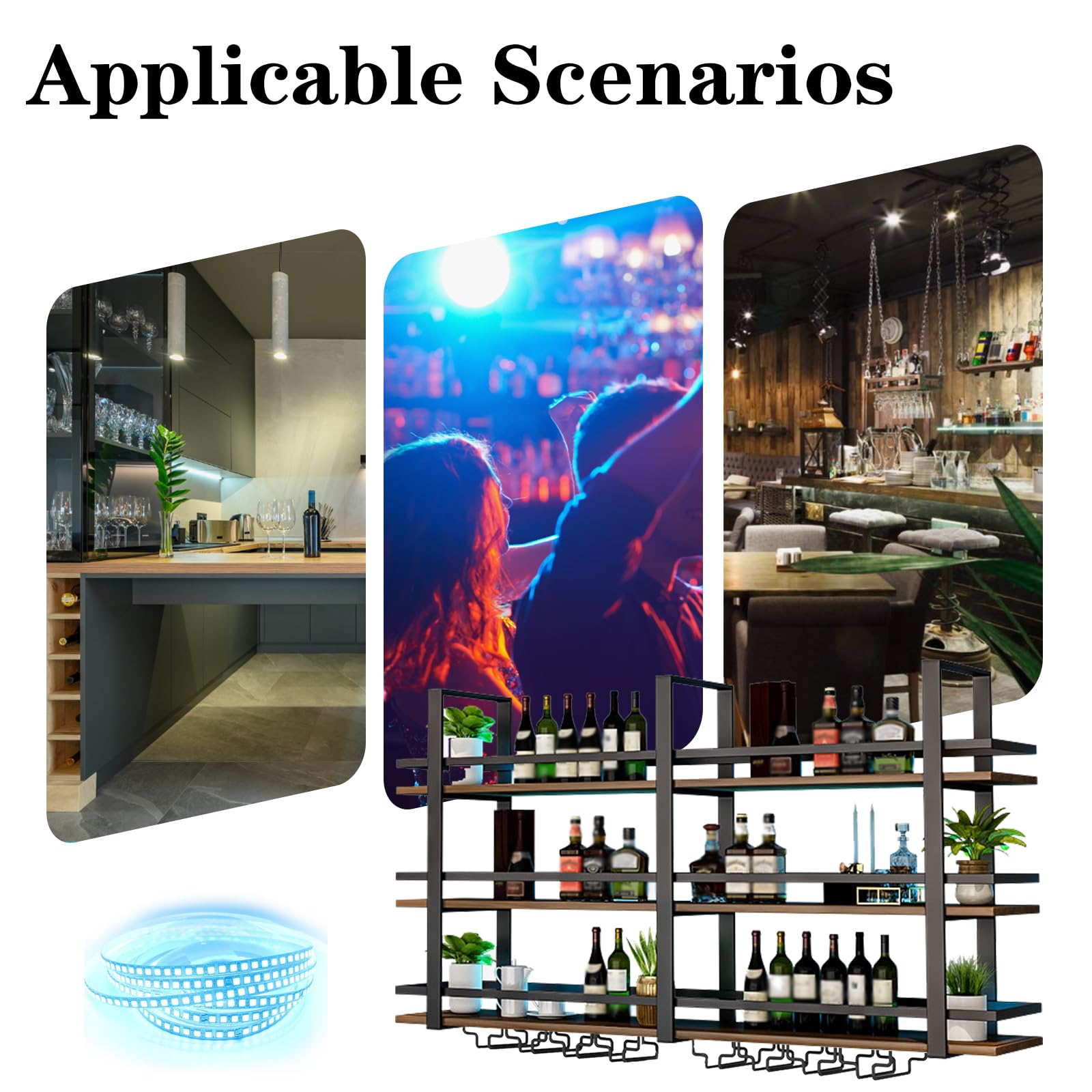 Portabottiglie da Parete con Luce a LED, Mensola Espositivi in Metallo per Bottiglie di Liquori, Espositore di Vino di Grandi Dimensioni, con Portabicchieri per Casa, Cucina, Bar, Sala (nero, 160cm)