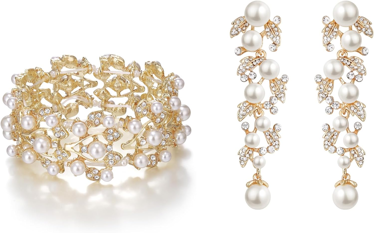 EVER FAITH Bridal Austrian Crystal Simulated Pearl 1920s Style Leaf Dangle Earrings Stretch Bracelet Jewelry Set for Women Clear Gold-Tone