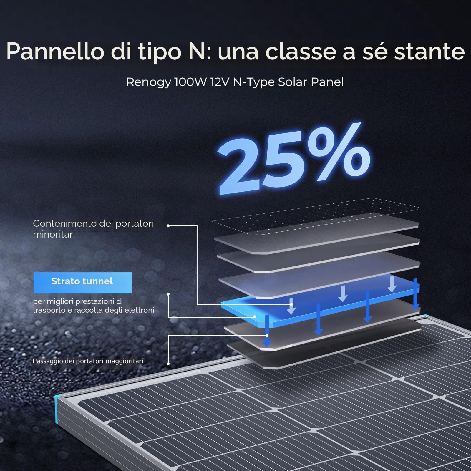 Renogy Pannello solare 100 W, tipo N, 16 BB, 12 V, 25% ad alta efficienza, modulo fotovoltaico, caricabatterie off-grid per camper