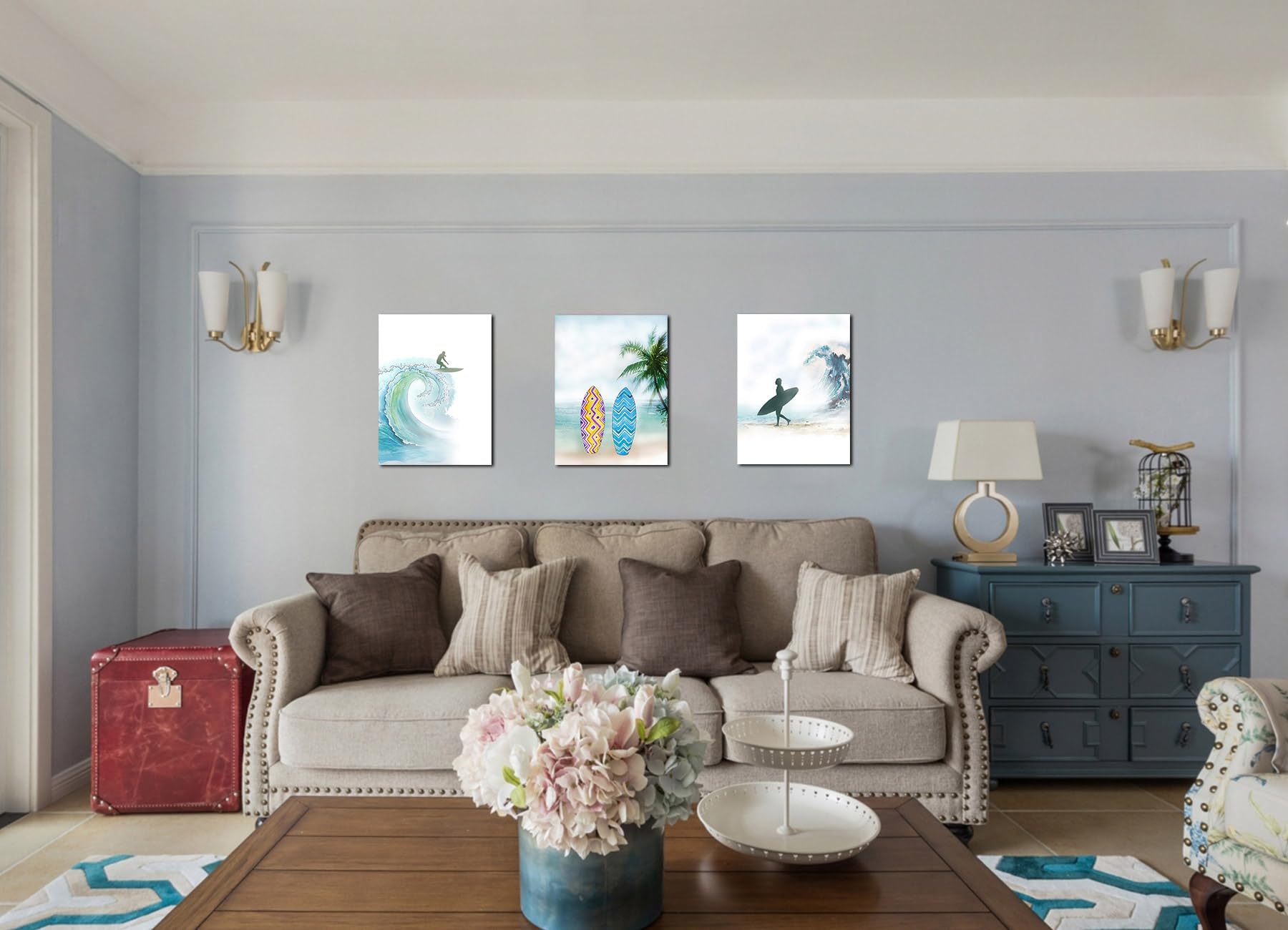 Beachy Blue Surf Wall Art - 3-Panel Tropical Ocean & Palm Tree Prints For Living Room, Bathroom, Bedroom