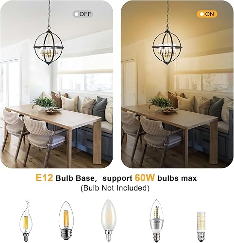 Miniatura 7 de Treekee Lámpara de araña rústica, 14 pulgadas, lámpara colgante de globo de granja, estilo vintage, negro y dorado, 3 luces, E12, ajustable, para