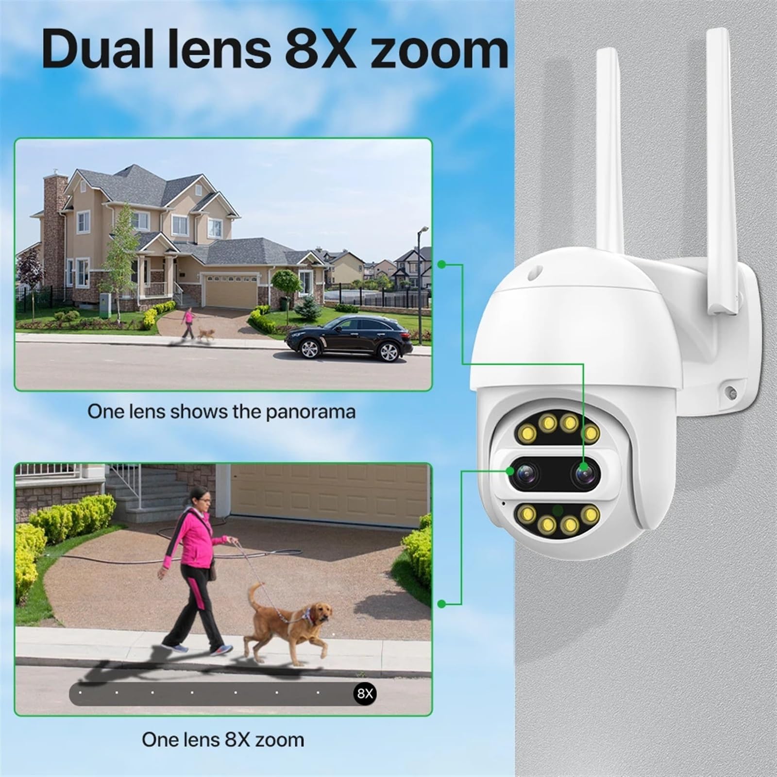 Telecamera Wifi Esterno, Telecamera IP esterna da 8MP 4K Zoom 8x Telecamera di videosorveglianza PTZ con doppio obiettivo Telecamera CCTV HD senza fili con rilevamento umano ,Sicurezza, Antifurto(4MP
