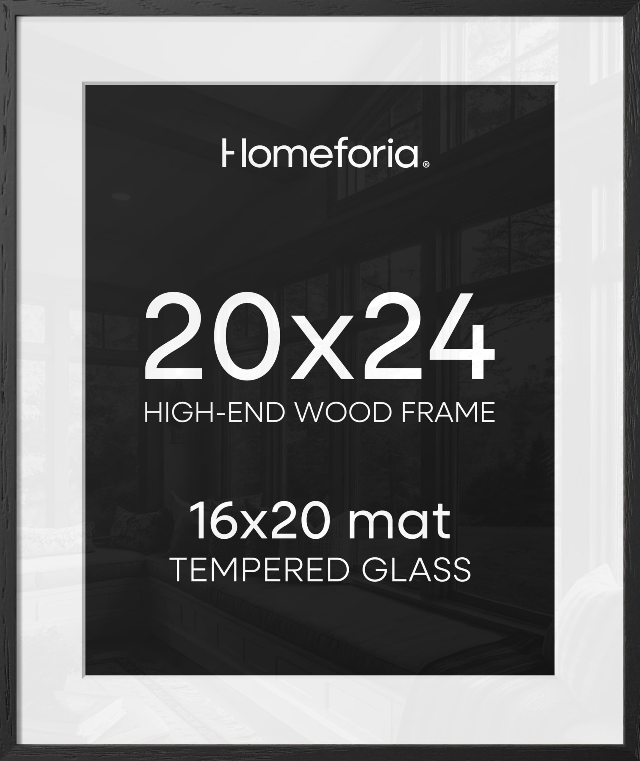 Homeforia Black Wood Frame 20x24, High End Oak 20x24 Wooden Picture Frames with Mat 16x20 Photo, 20 x 24 Poster Frame Matted to 16 by 20 Print, 24x20 Hanging Frames, Tempered Glass, Wall Kit, Set of 1