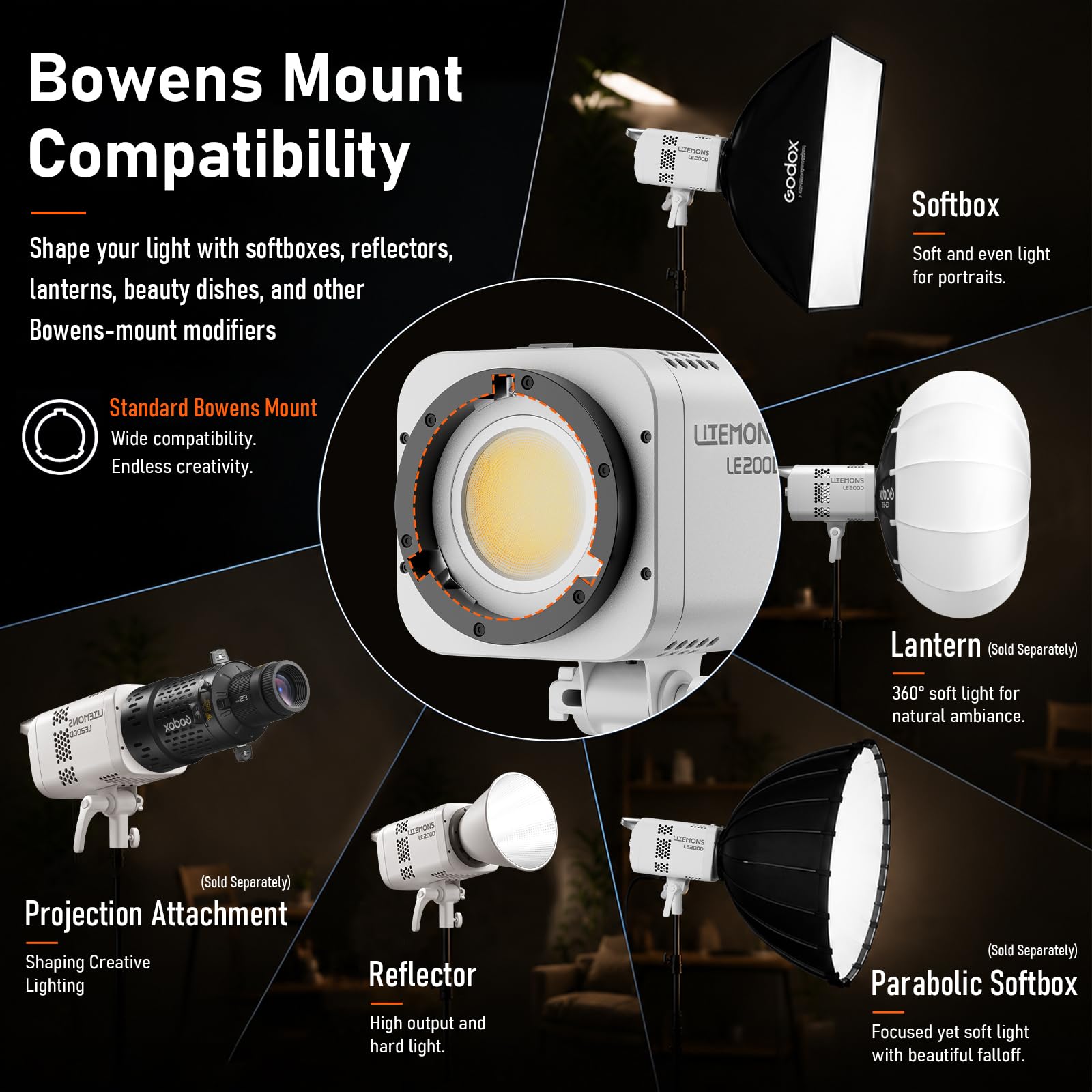Godox 2-Pack Litemons LE200D LE200 D Éclairage Vidéo LED 200W 63500 lux/1m 5600K TLCI≈97 CRI≈96 Commande Bluetooth 7 Effets Spéciaux avec Monture Bowens Éclairage Videolight pour Le Streaming(Blanc)