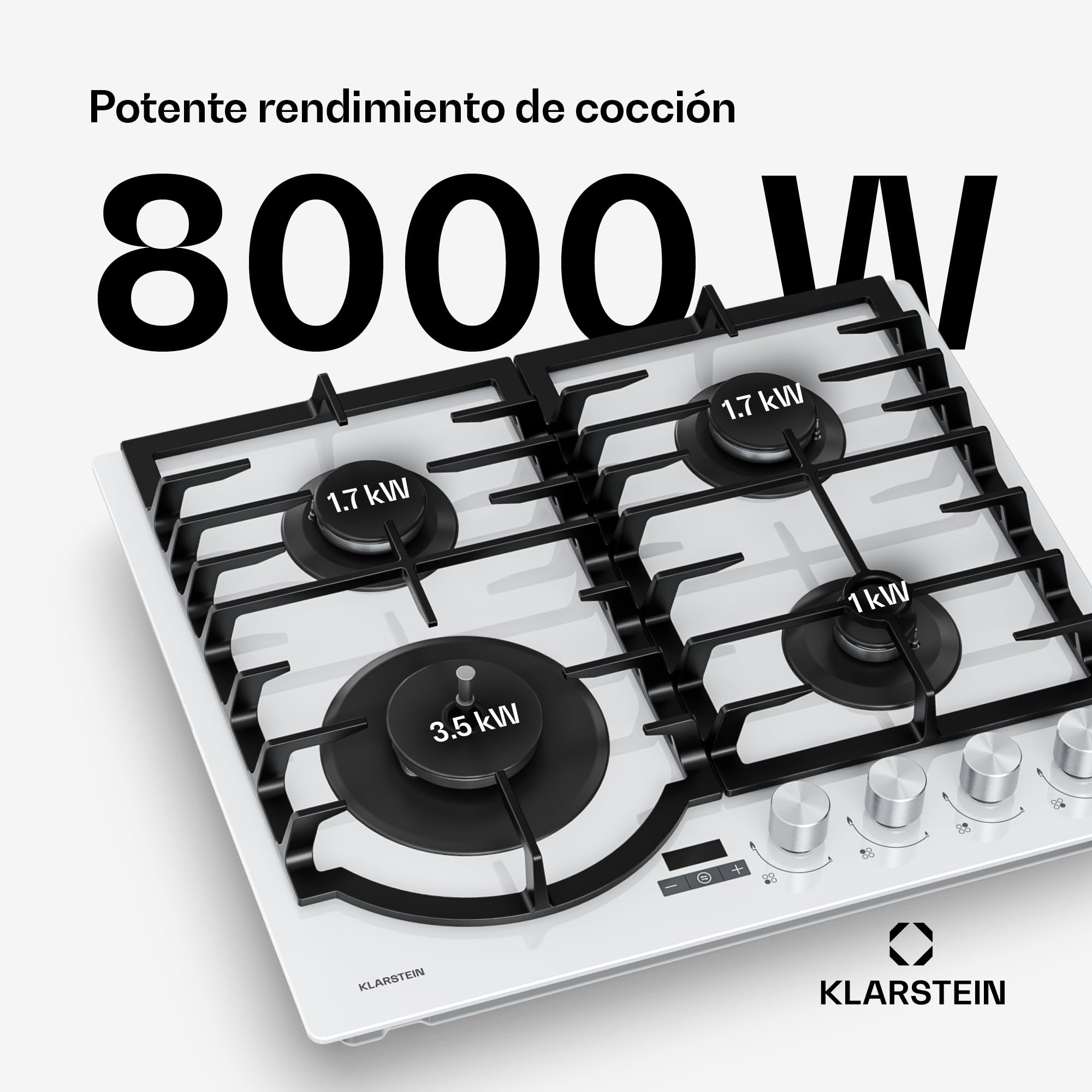 Klarstein Ignito Placa de Gas, 4 Quemadores Aluminio, 8000W, Temporizador, Control Preciso, Seguridad Antiflama, Encendido Eléctrico, 60x51cm, Encimera Gas, GLP/Natural, Blanco