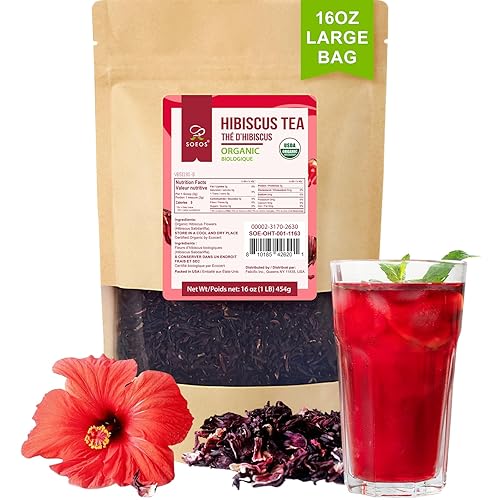 Soeos Té de hierbas orgánico de flores de hibisco, 1 libra (16 onzas), pétalos secos enteros, sabor a tarta audaz, sin cafeína y naturalmente