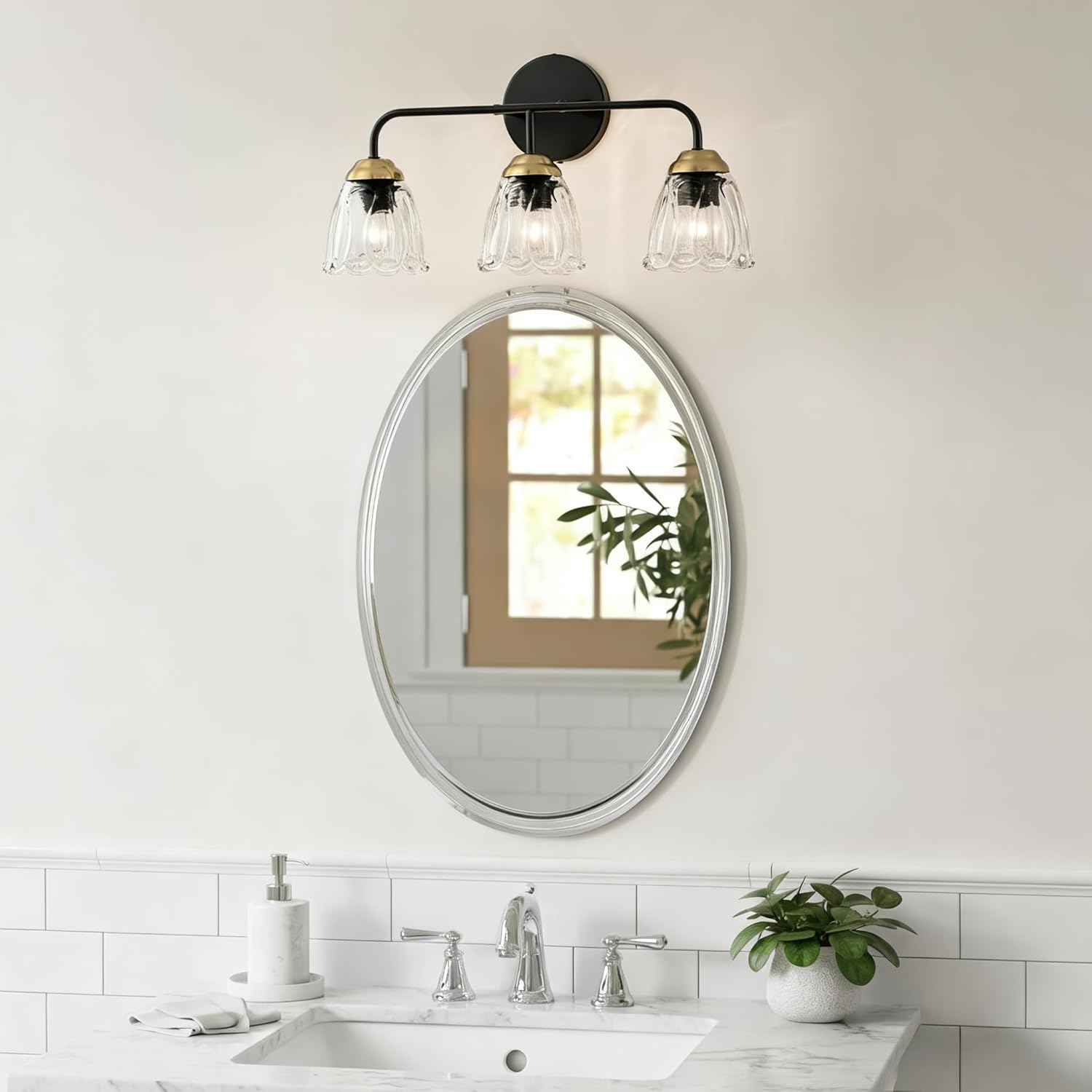 3-Light Black and Gold Vanity Light with Glass Shades, E12 Base Bathroom Wall Lighting Fixture, Up/Down Mountable Modern Wall Sconce for Bathroom Mirror Bedroom Hallway